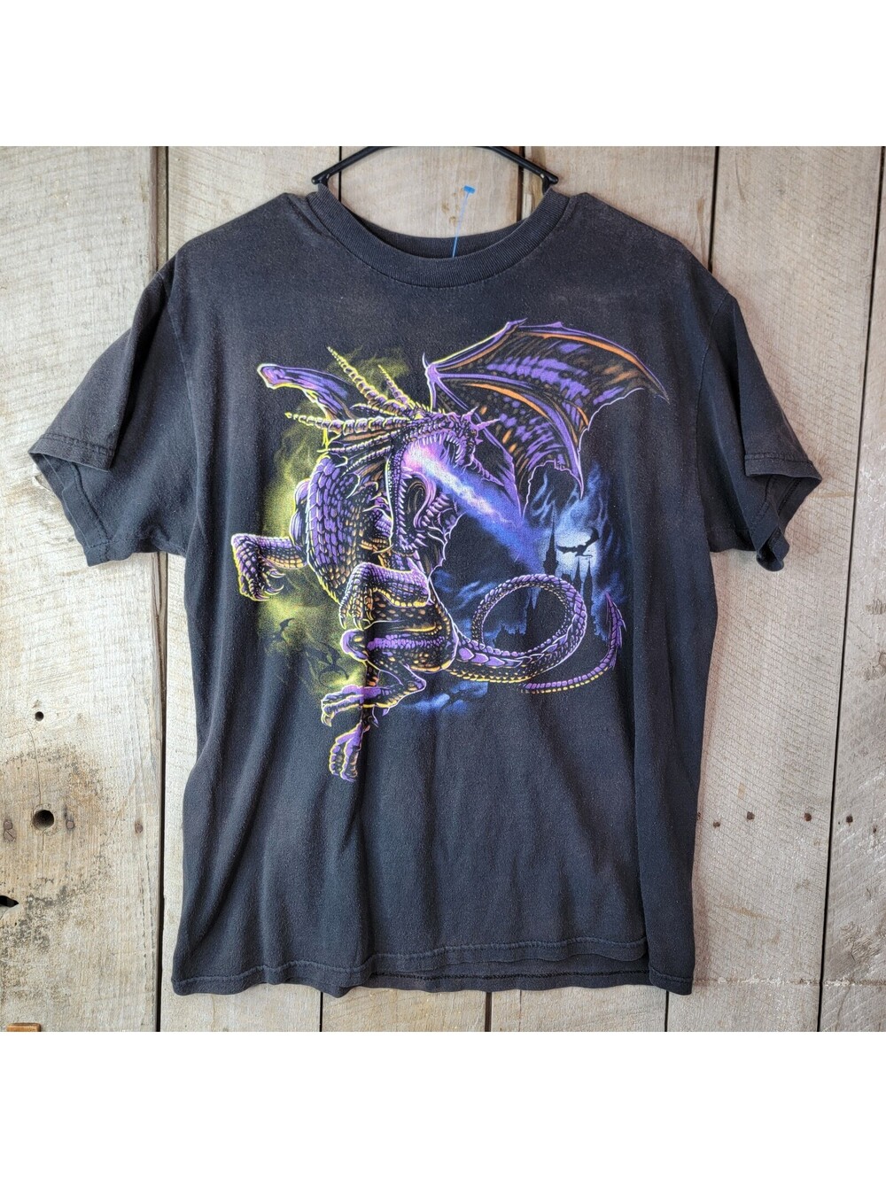 Vintage 90s Dragon Graphic T Shirt Mens M Black Fade Y2K Kanye Style